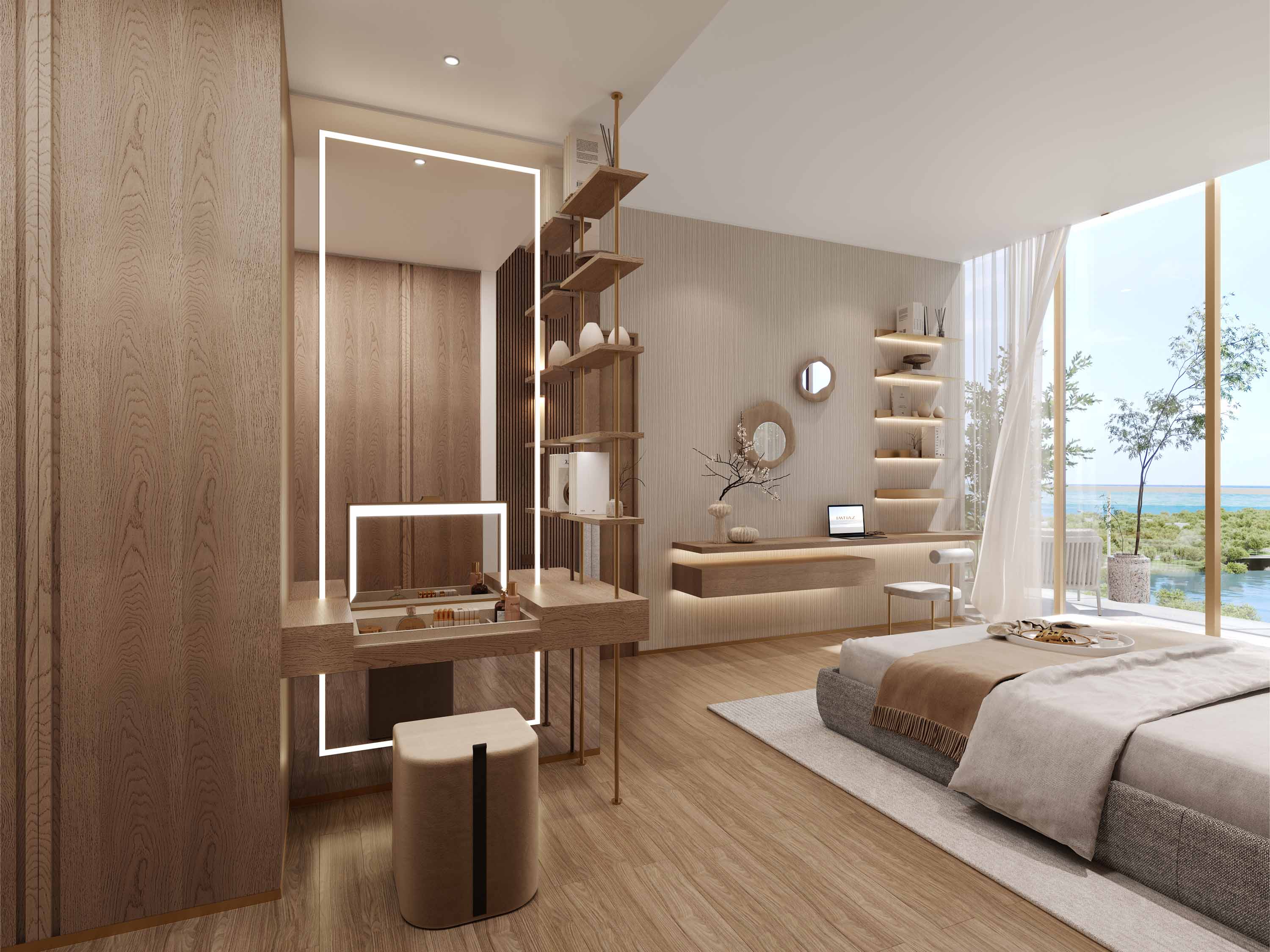 Wynwood Horizon By Imtiaz A modern bedroom featuring wooden accents, a work desk, a cozy bed, and large windows with a scenic view.